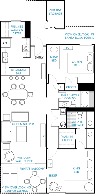 Floor Plan of Navarre Towers Unit 302 - 2 Bedroom - 2 Bath - Vacation Rental - www.nt302.com